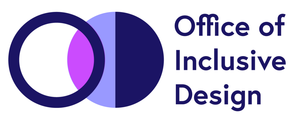 Office of Inclusive Design Logo. Abstract OID logo made up of a dark purple circle creating an "O" intersecting with a tri-colored purple and magenta circle creating the letters "I" and "D". To the right is "Office of Inclusive Design" in a dark purple font. 